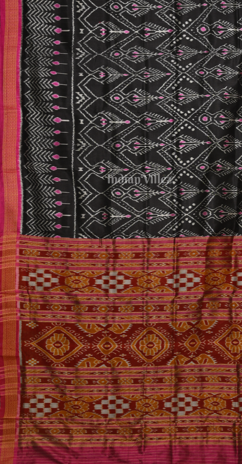 Black Magenta Pink Cambodian Inspired Odisha Ikat Khandua Silk Saree 