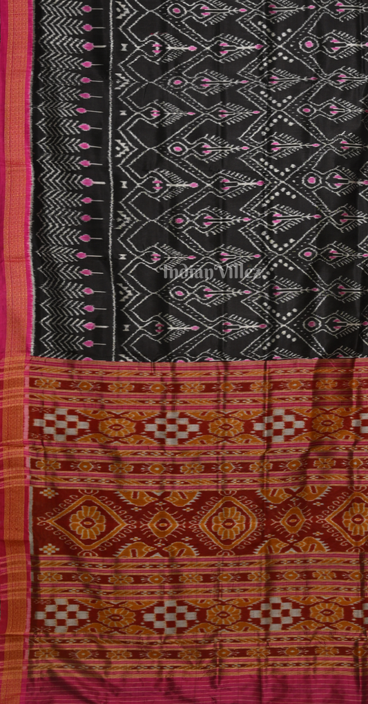Black Magenta Pink Cambodian Inspired Odisha Ikat Khandua Silk Saree 