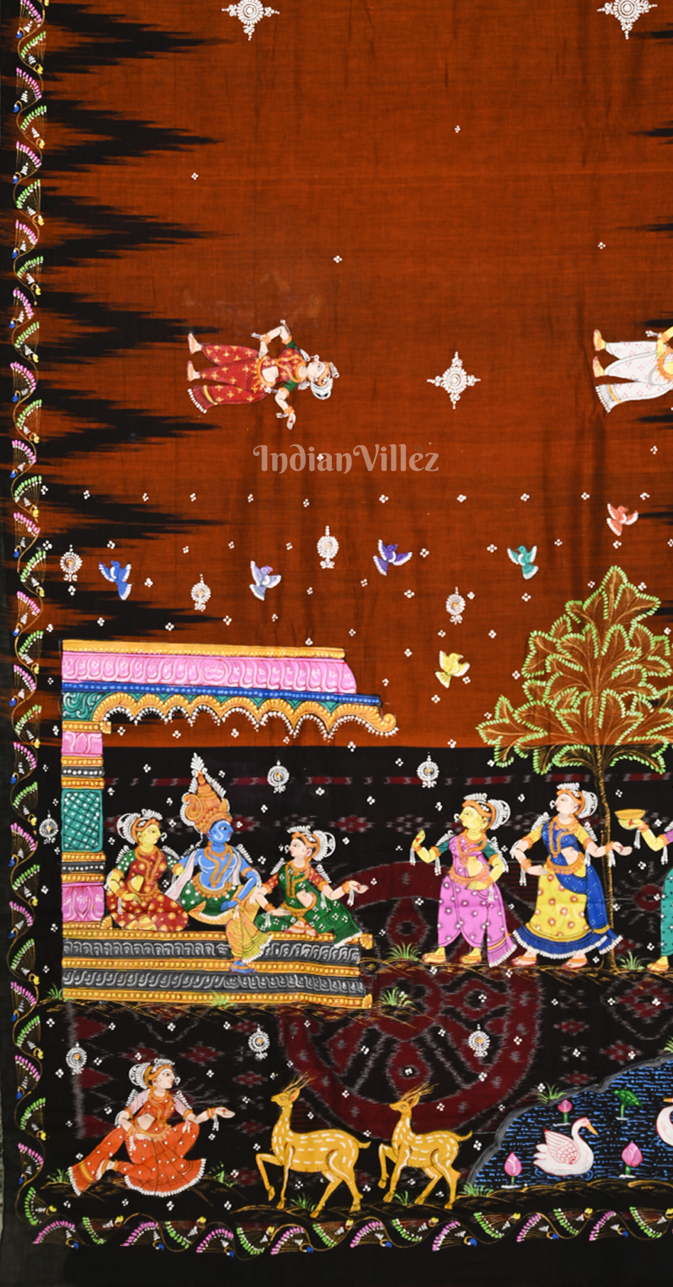 Brown Black Krishna Raas Leela Hand-Painted Pattachitra Saree 