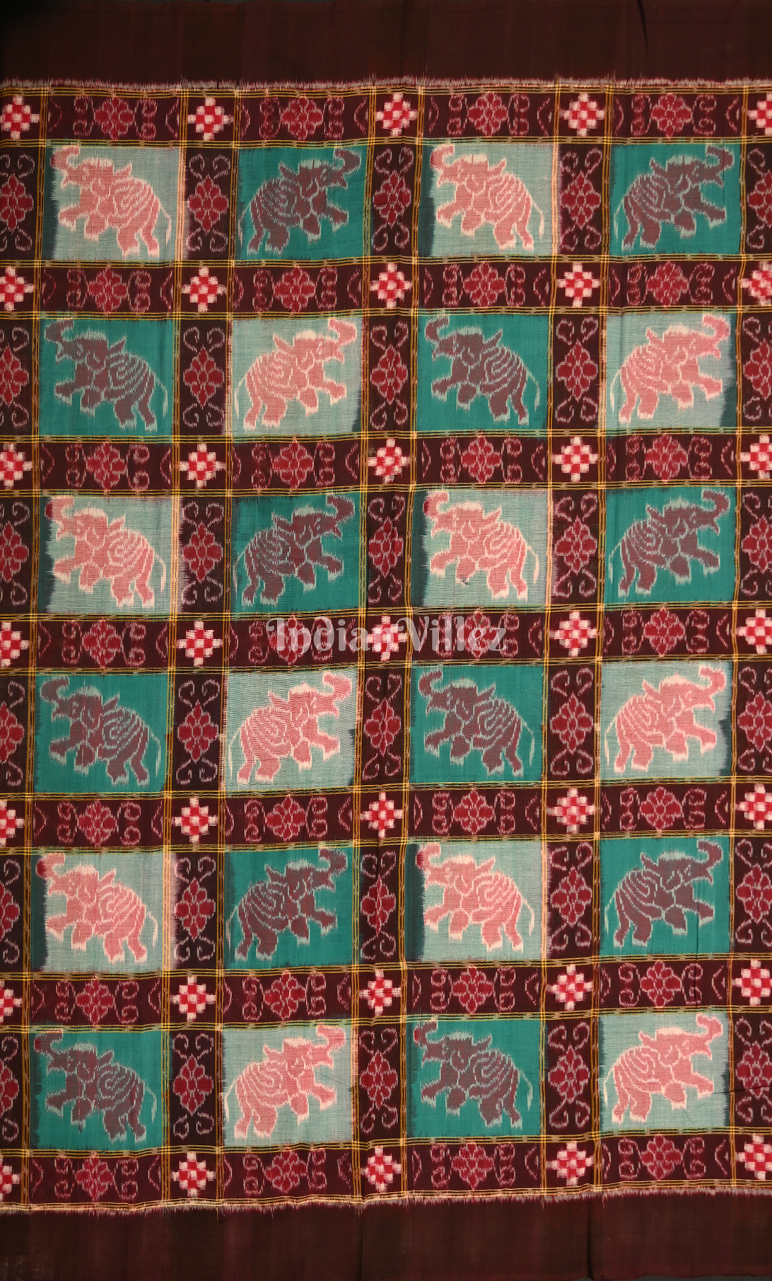 Coffee Green Elephant Theme Odisha Ikat Sambalpuri Dress Set & Dupatta 