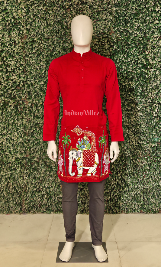 Red Kandarpa Hati (Elephant) Hand-Painted Pattachitra Kurta 
