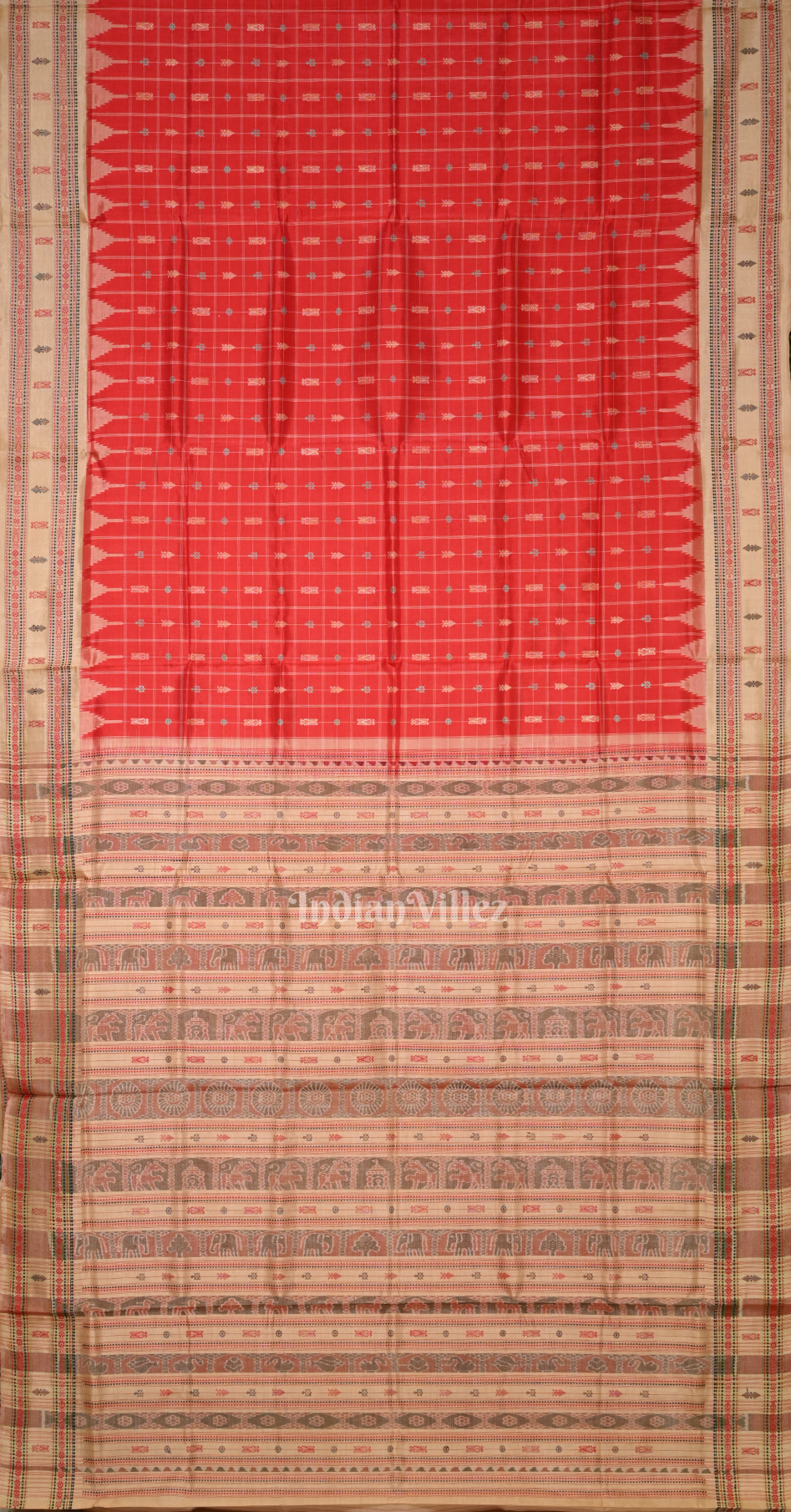 Red Beige Hazarbuti Odisha Ikat Tussar Silk Saree