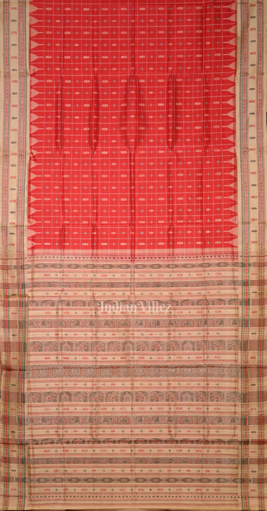 Red Beige Hazarbuti Odisha Ikat Tussar Silk Saree