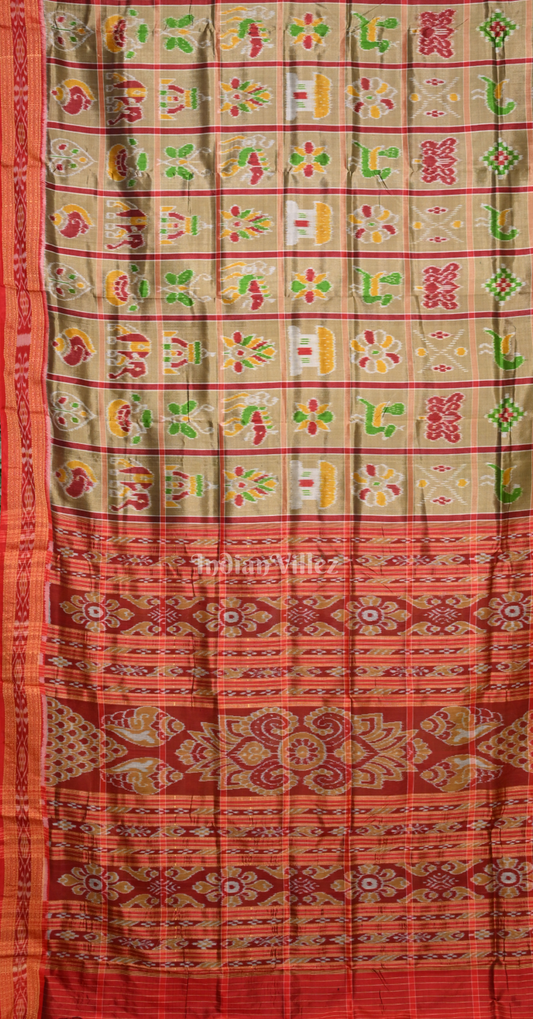 Golden Brown Maroon Nabakothi Odisha Ikat Khandua Silk Saree