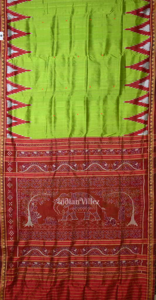 Parrot Green Red Buti Design Odisha Ikat Khandua Silk Saree 
