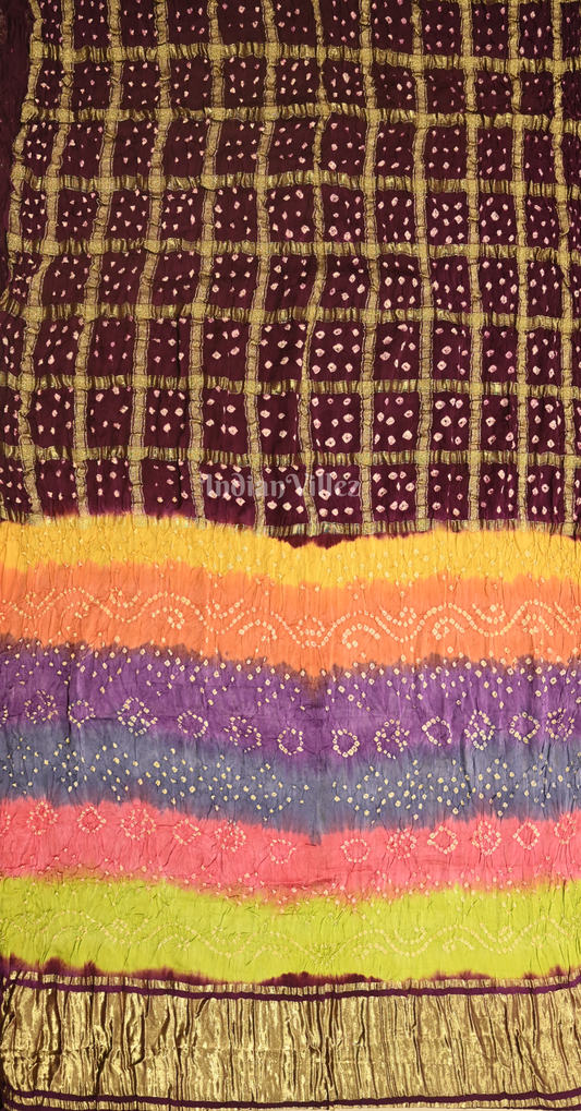 Wine with Multi Color Bandhej Ghatchola Gaji Silk Saree with Zari Work 