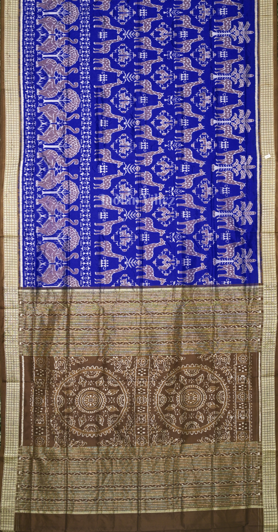 Blue Brown Deer Motif Odisha Ikat Sambalpuri Silk Saree 