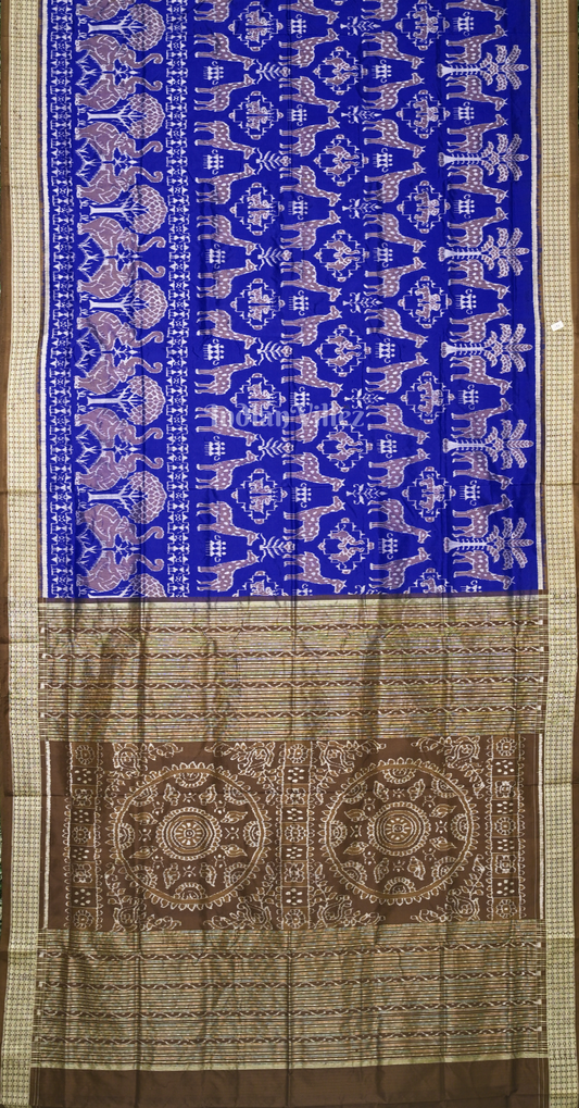 Blue Brown Deer Motif Odisha Ikat Sambalpuri Silk Saree 