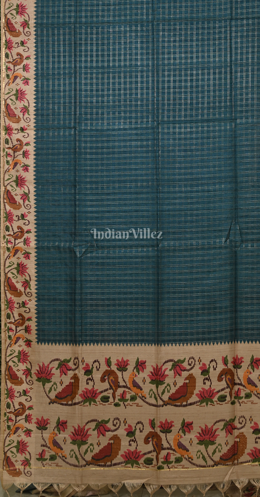 Peacock Blue Beige Check Pattern Tusasr Silk Saree