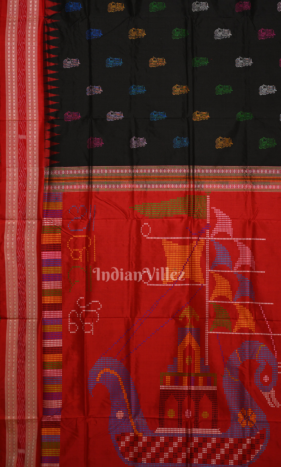 Black Red Odisha Ikat Bomkai Sambalpuri Silk Saree with Boita Anchal 