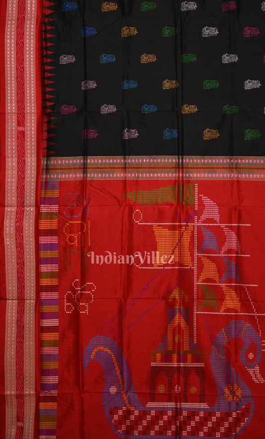 Black Red Odisha Ikat Bomkai Sambalpuri Silk Saree with Boita Anchal 