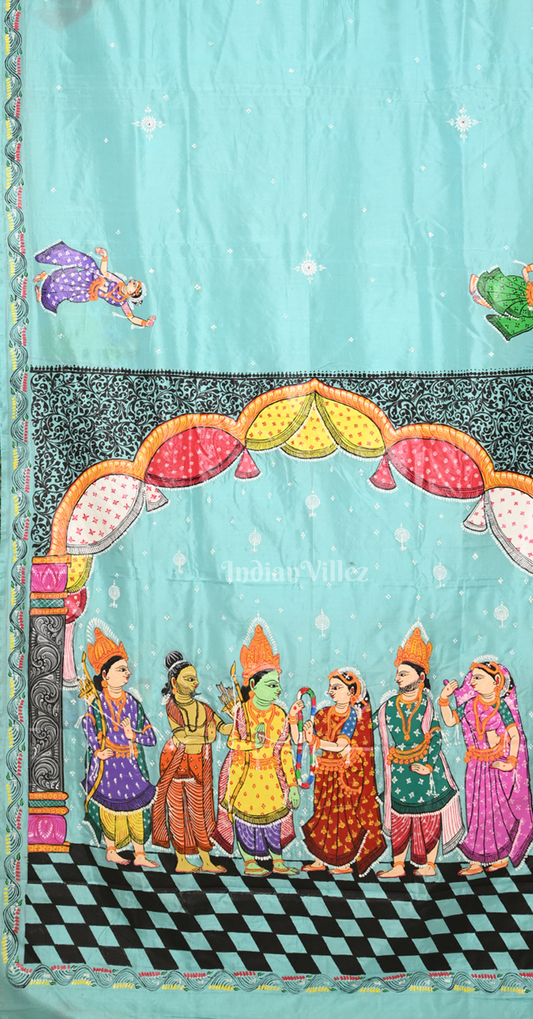 Sky Blue Ramayan Theme Hand-Painted Pattachitra Saree