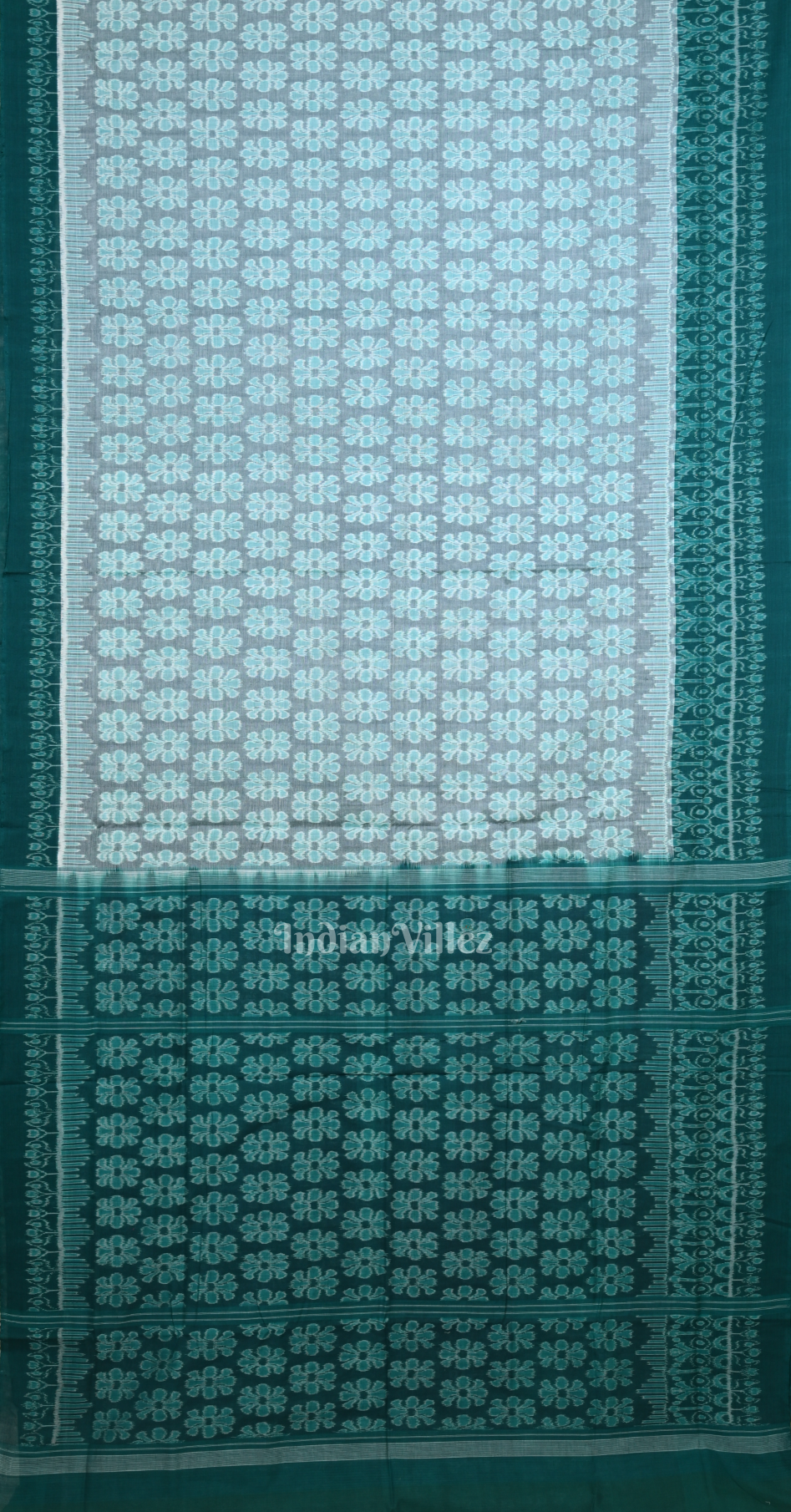 Light Blue Green Floral Theme Odisha Ikat Sambalpuri Cotton Saree 