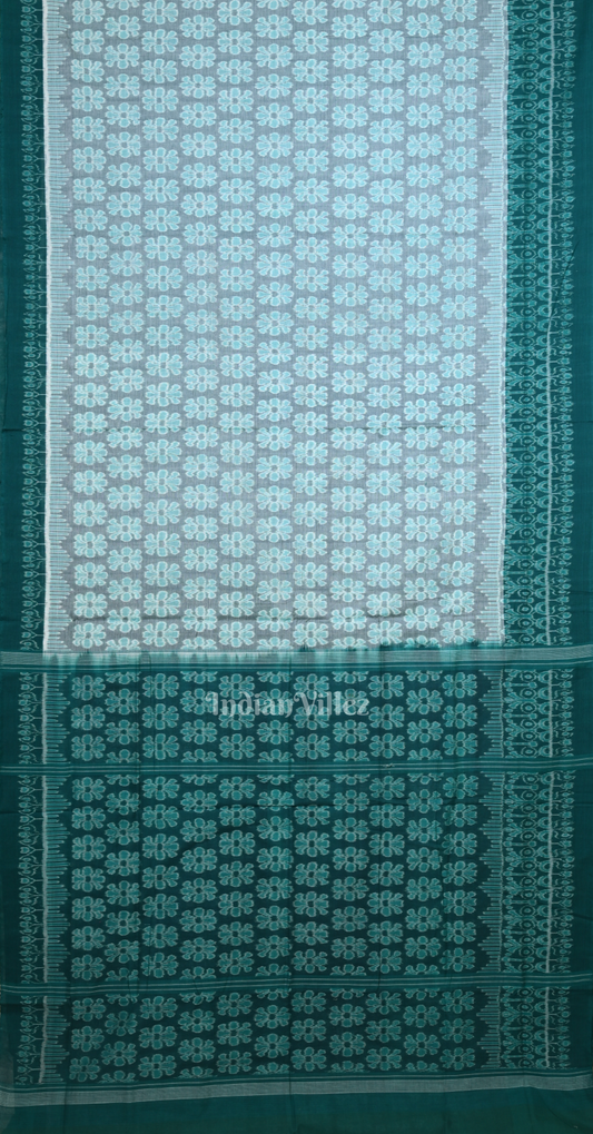 Light Blue Green Floral Theme Odisha Ikat Sambalpuri Cotton Saree 