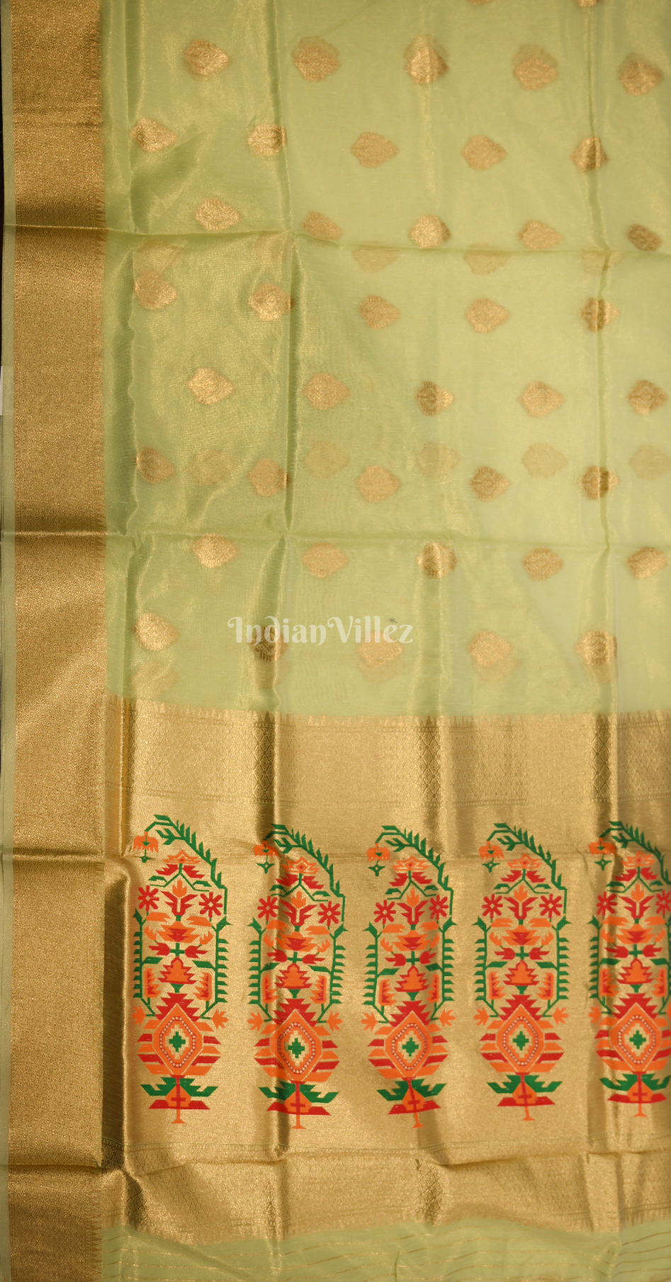 Kiwi Green Kora Tissue Saree With Paithani Pallu