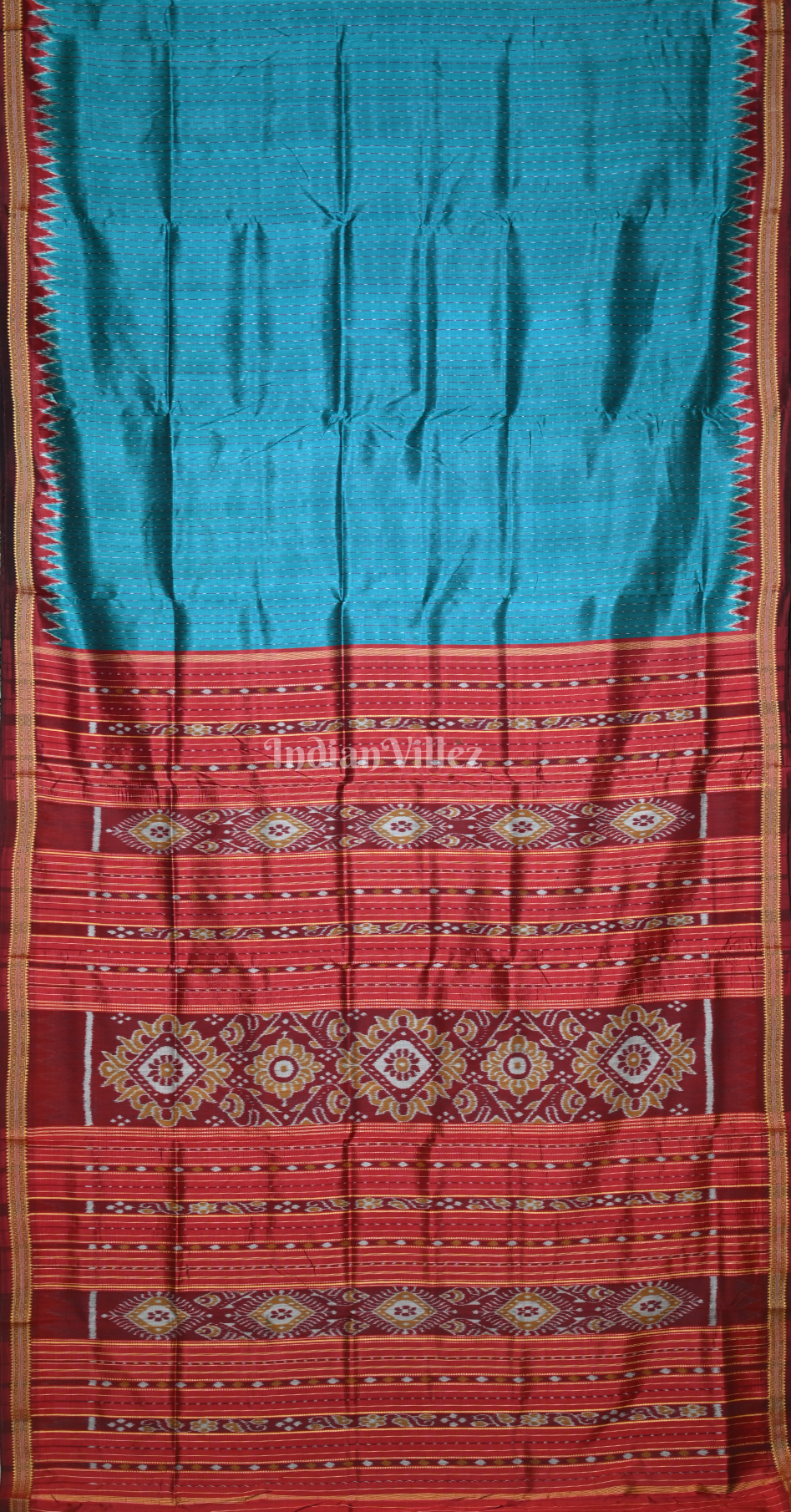 Turquoise Blue Maroon Stripped Odisha Ikat Khandua Silk Saree 
