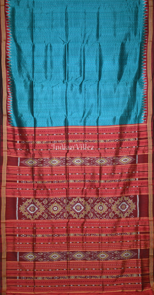 Turquoise Blue Maroon Stripped Odisha Ikat Khandua Silk Saree 
