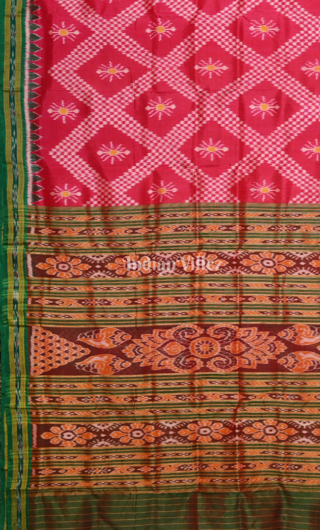 Rani Pink Green Tarabali Odisha Ikat Khandua Silk Saree