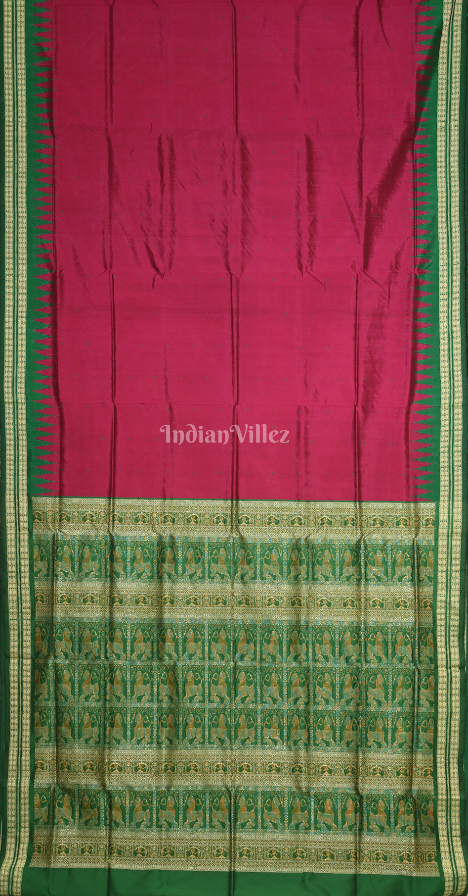 Magenta Pink Green Buti Design Odisha Ikat Bomkai Silk Saree
