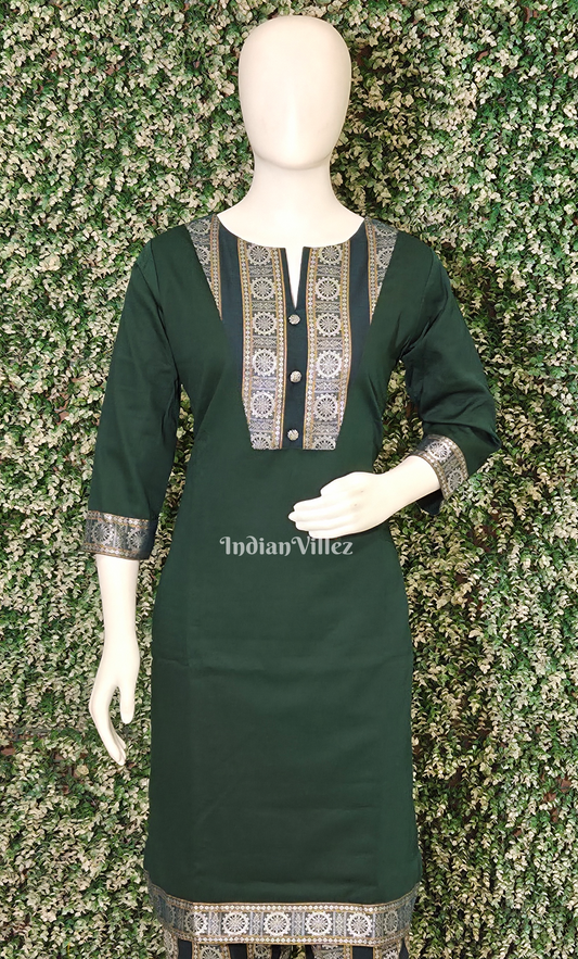 Bottle Green Konark Chakra Odisha Ikat Designer Cotton Kurti Set with Pallazo 