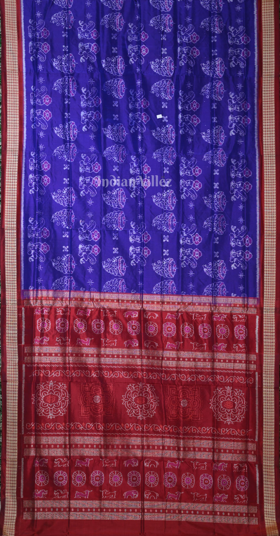 Blue Maroon Jhoti Theme Odisha Ikat Sambalpuri Silk Saree 
