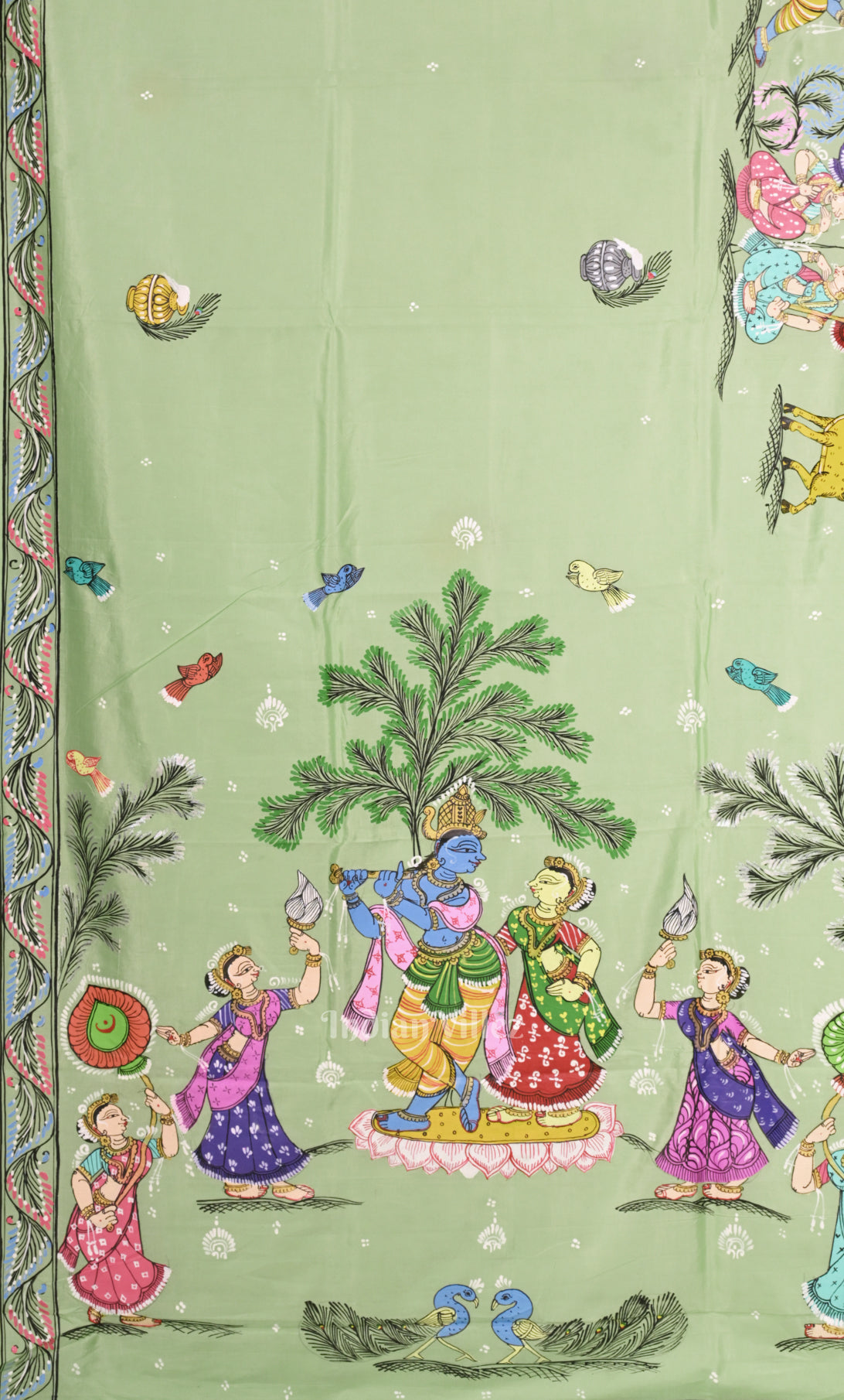 Pista Green Radha Krishna Raasleela Hand-Painted Pattachitra Saree 