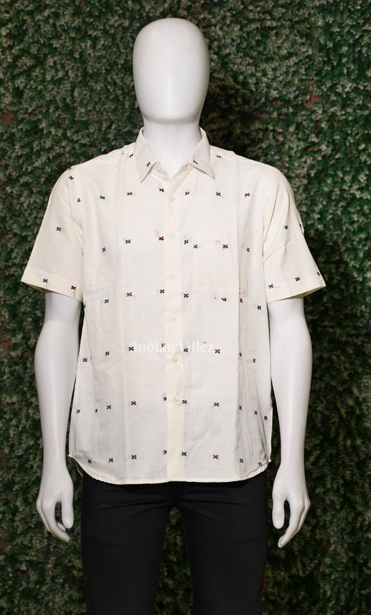  White Thread work Star Shaped Motif Odisha Ikat Cotton Half Sleeve Shirt