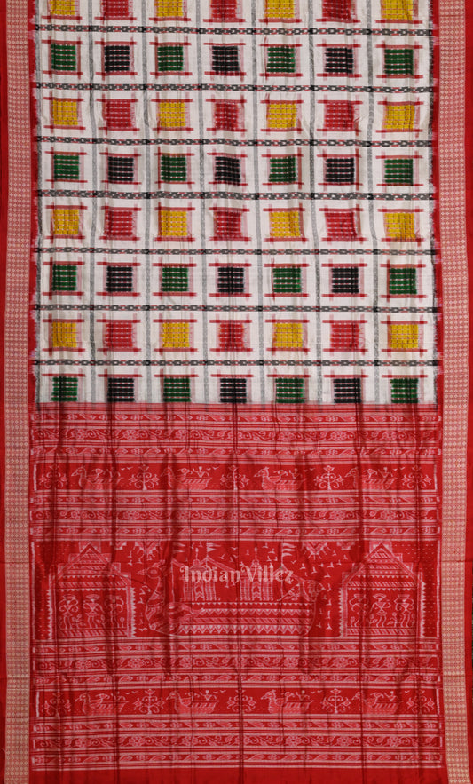 White Red Ashwini Odisha Ikat Sambalpuri Silk Saree