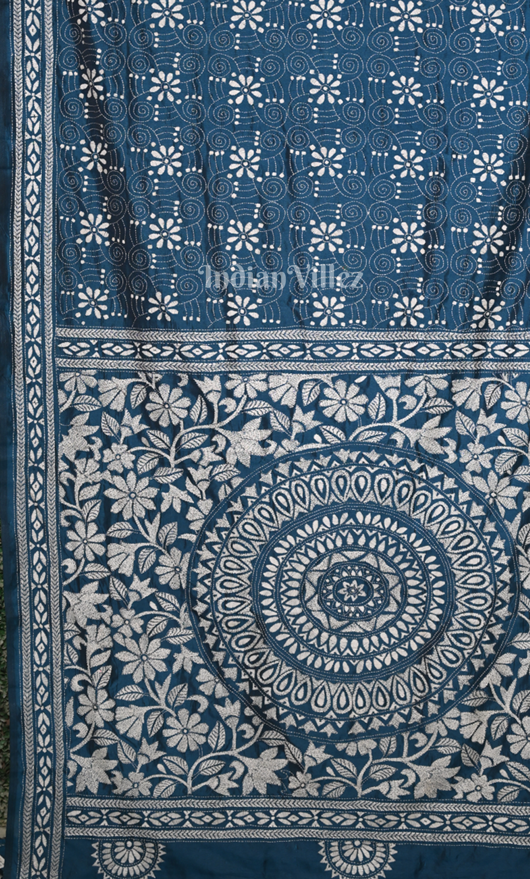 Indigo Blue Handwoven Kantha Stitch Silk Saree 