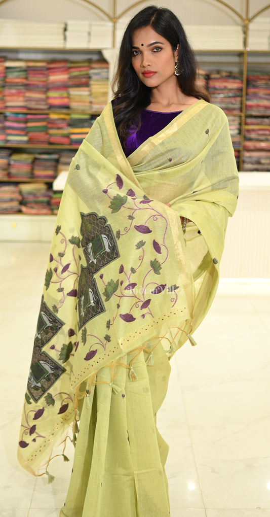 Lemon Green Linen Cotton Pichwai Saree with Zari Border