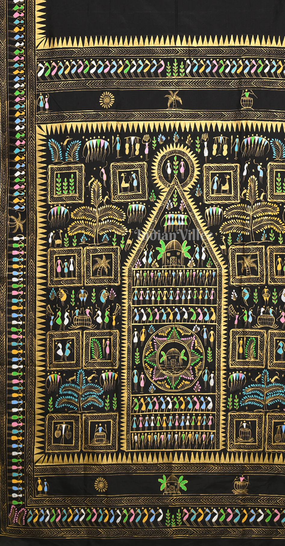 Black Saura Tribal Art Hand-Painted Pattachitra Saree 