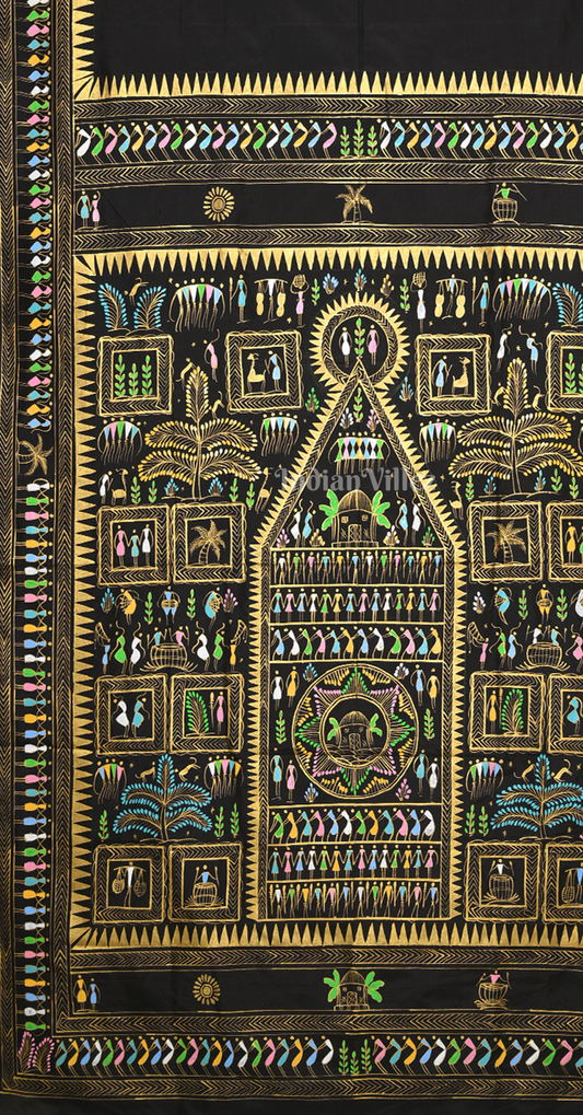 Black Saura Tribal Art Hand-Painted Pattachitra Saree 