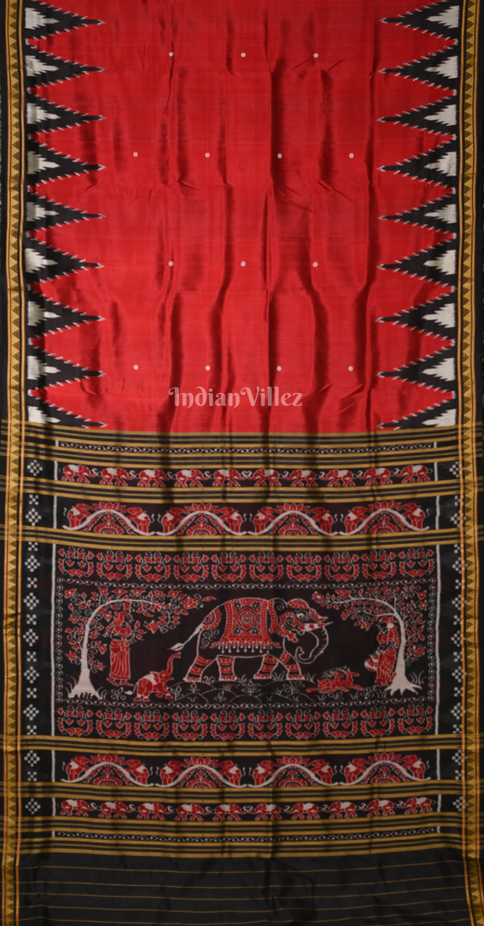 Red Black Big Kumbha Odisha Ikat Khandua Silk Saree with Elephant Anchal