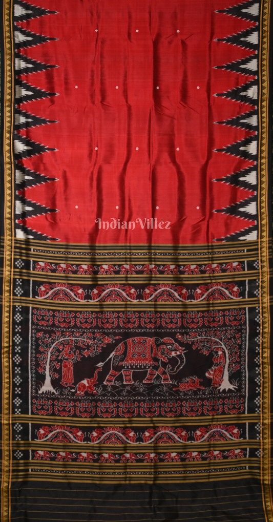Red Black Big Kumbha Odisha Ikat Khandua Silk Saree with Elephant Anchal