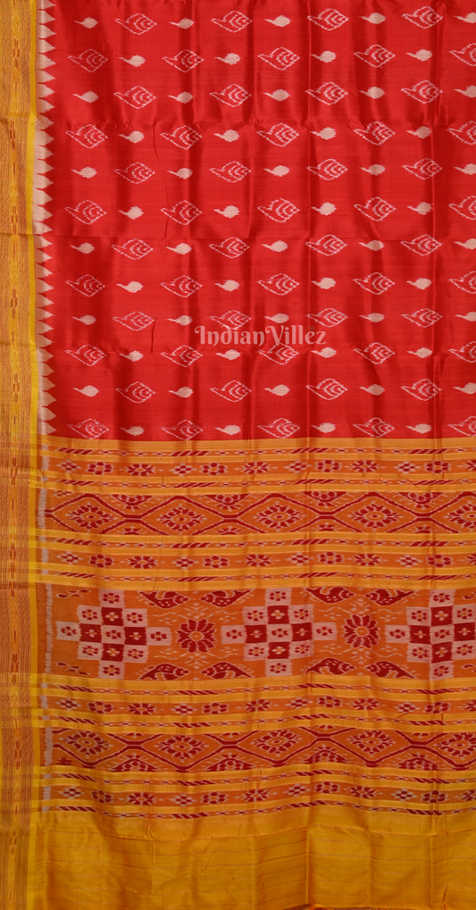 Red Yellow Sankha Motif Odisha Ikat Khandua Silk Saree with Pasapali Anchal