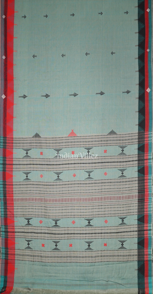 Cyan Green Odisha Handloom Natural Dye Kotpad Cotton Saree