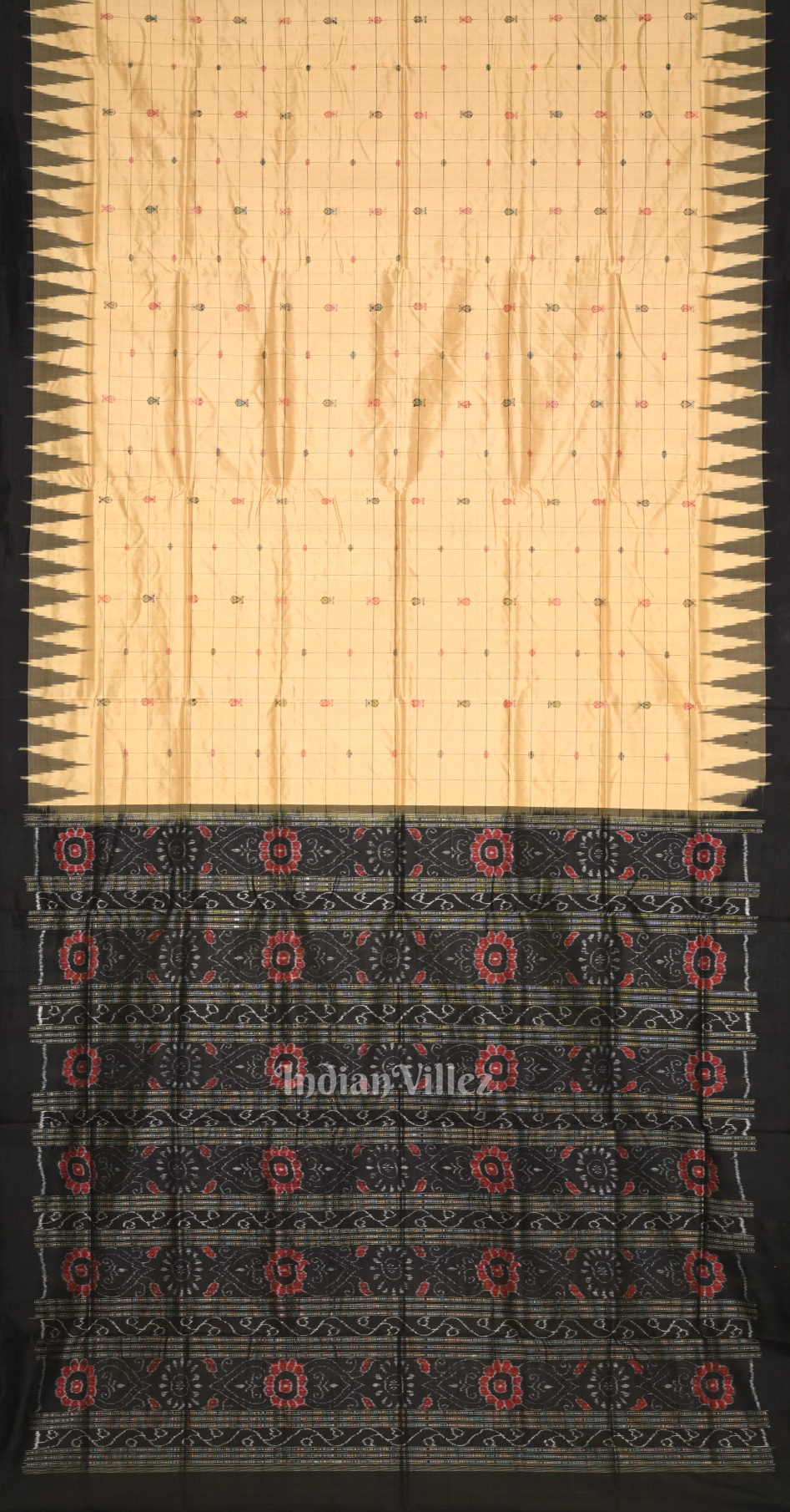  Beige Black Hazarbuti Odisha Ikat Tussar Silk Saree