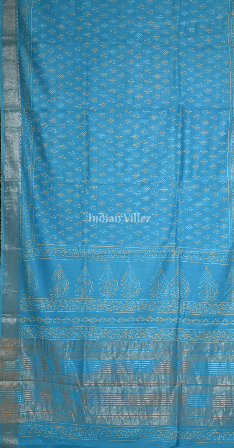 Surf Blue Block Printed Cotton Saree 