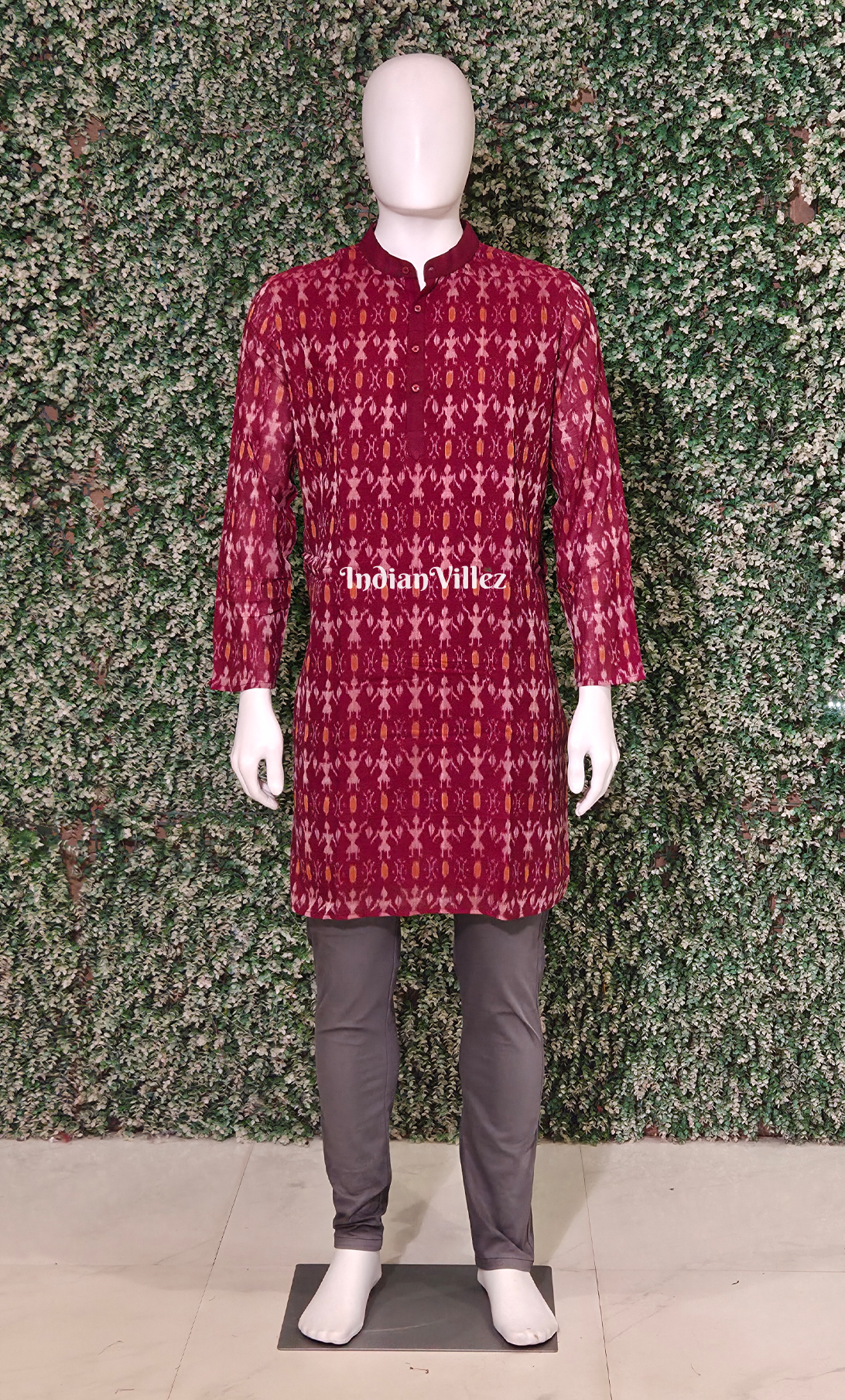 Maroon Tribal Motif Odisha Ikat Cotton Kurta for Men