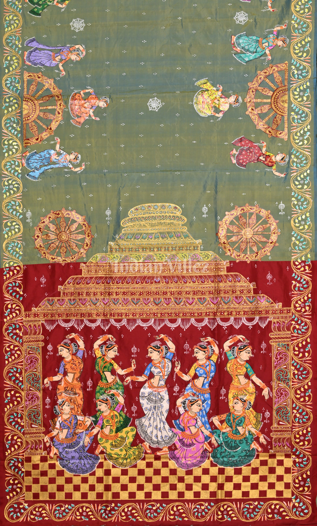 Pista Green Red Dual Tone Nartaki Konark Temple Hand-Painted Pattachitra Saree