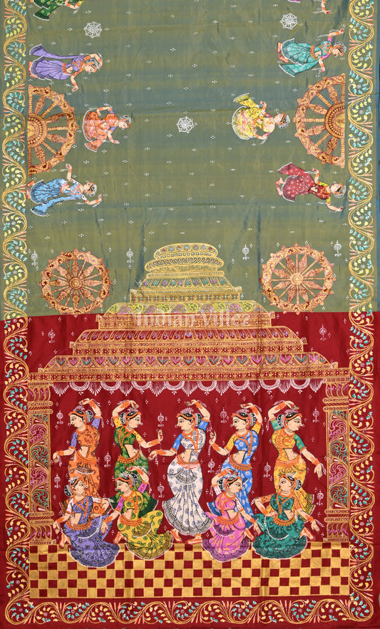Pista Green Red Dual Tone Nartaki Konark Temple Hand-Painted Pattachitra Saree