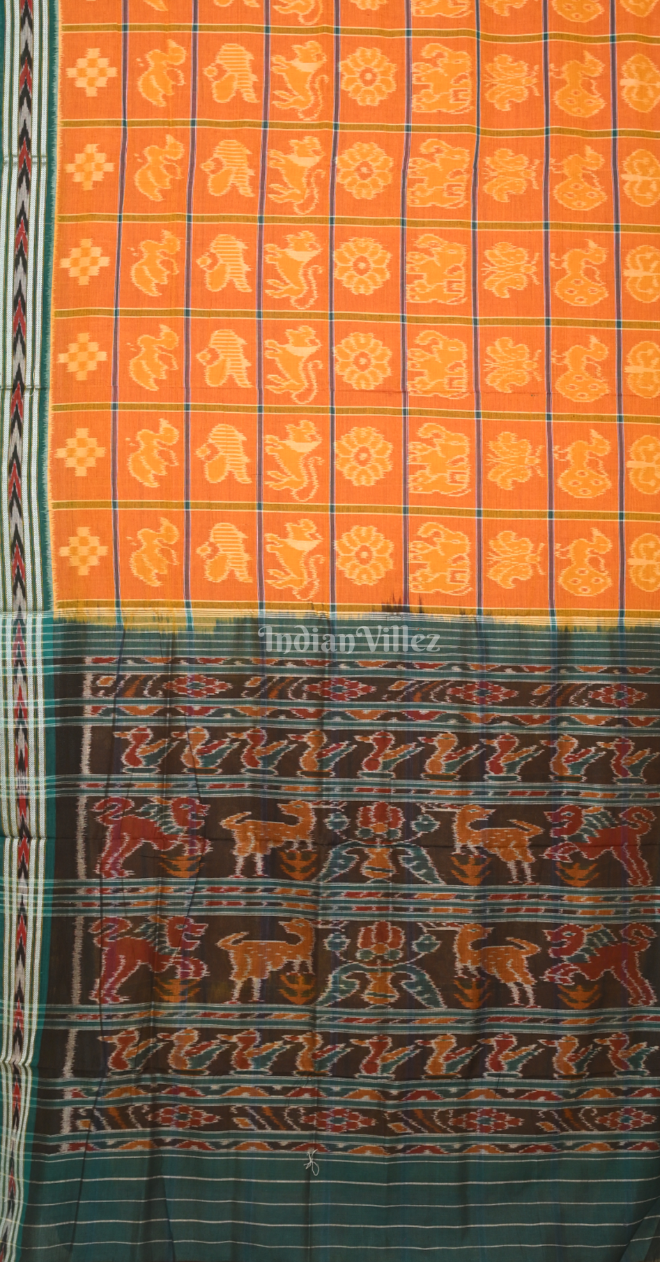 Orange Green Nabakothi Odisha Ikat Sambalpuri Cotton Saree with Jungle Anchal

