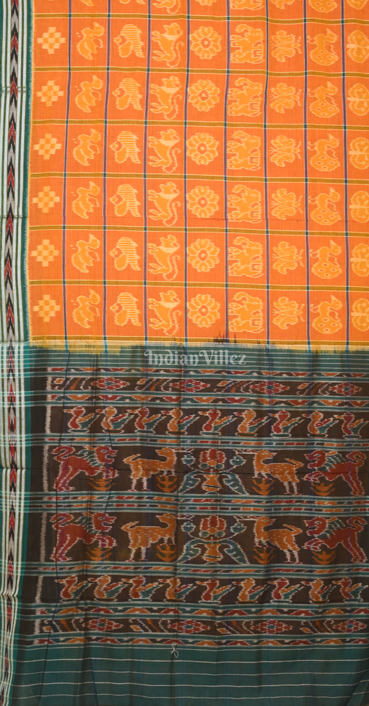 Orange Green Nabakothi Odisha Ikat Sambalpuri Cotton Saree with Jungle Anchal
