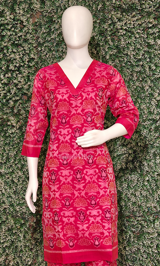 Rani Pink Lotus Motif Cotton Kurti Set with Pallazo (Co-Ords Set)