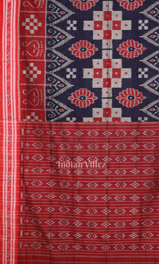 Blue Red Pasapali Odisha Ikat Sambalpuri Cotton Saree 