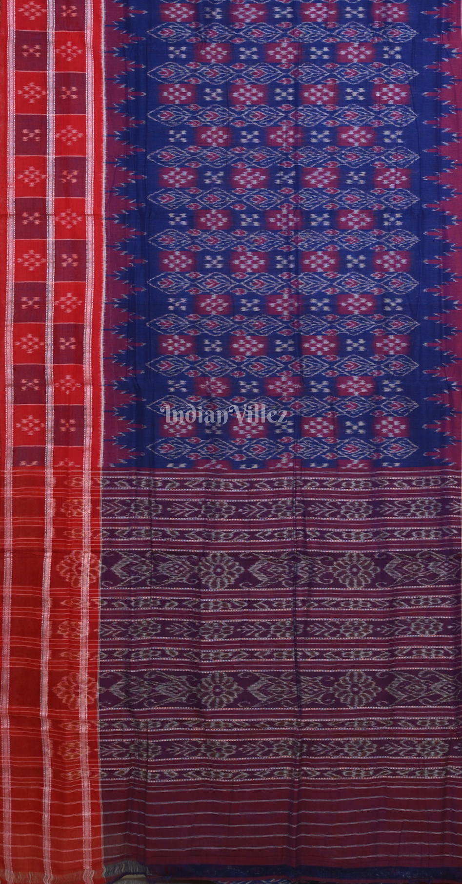 Blue Red Pasapali Odisha Ikat Sambalpuri Cotton Saree with Double Pasapali Border