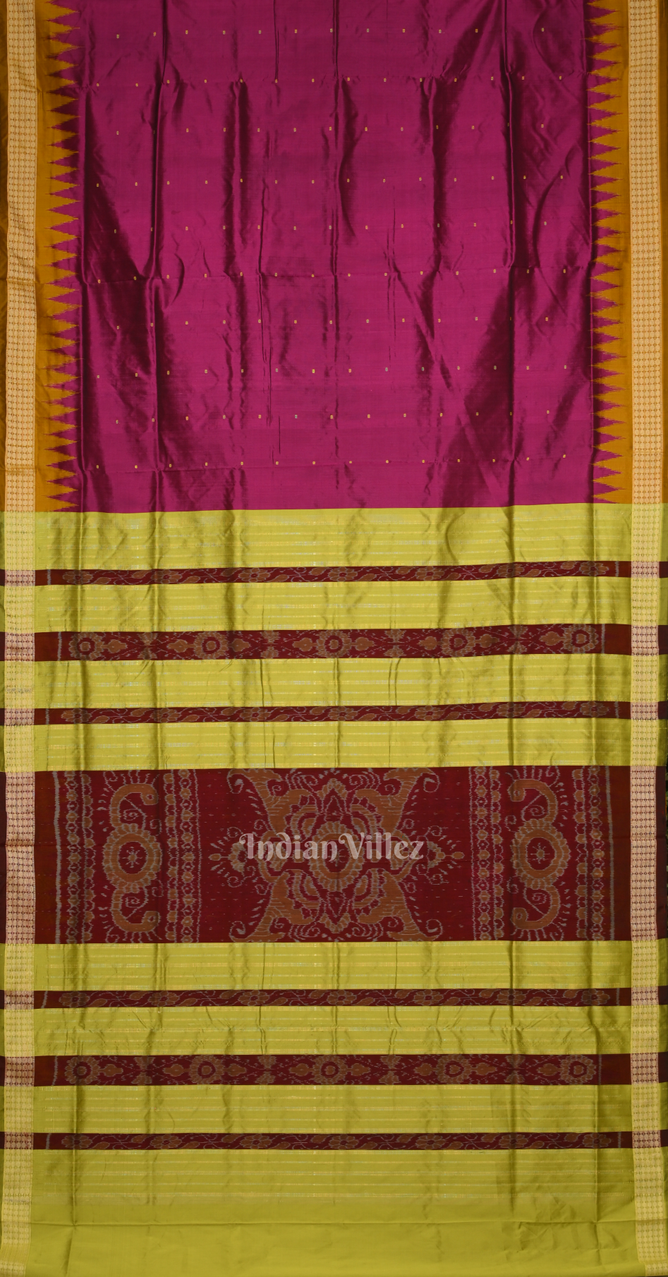 Magenta Pink Olive Green Buti Design Odisha Ikat Bomkai Sambalpuri Silk Saree