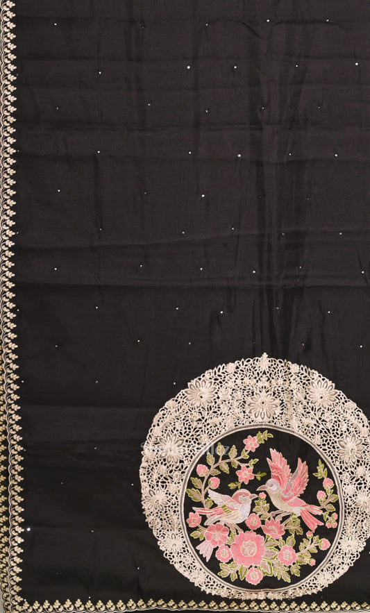 Black Tussar Silk Saree With  Hand Embroidery Work 