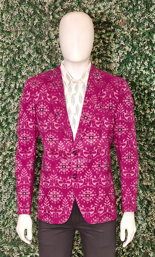 Magenta Pink Tribal Theme Odisha Ikat Men's Designer Blazer