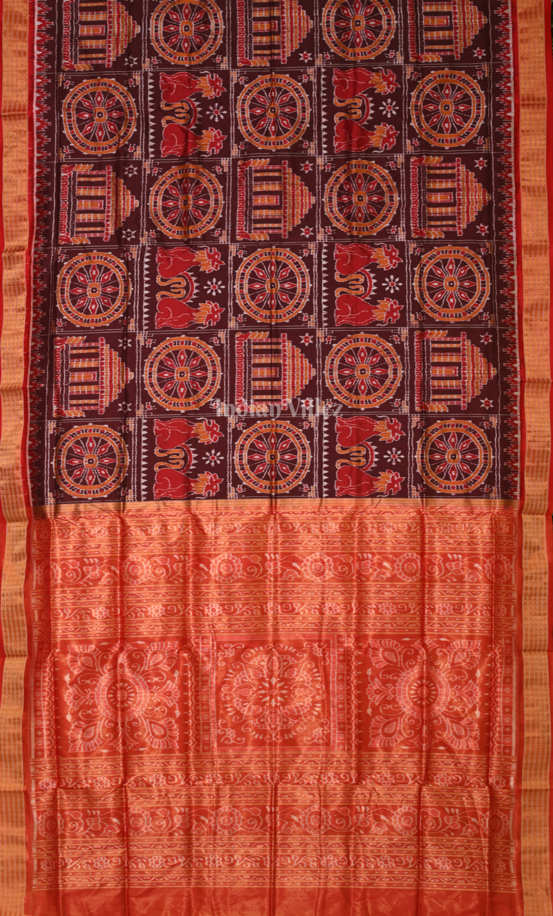 Coffee Red Konark temple & Wheel Design Half Tissue Sambalpuri Silk Saree